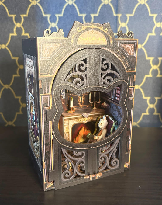 Assembled and Embellished Cat Study Book Nook