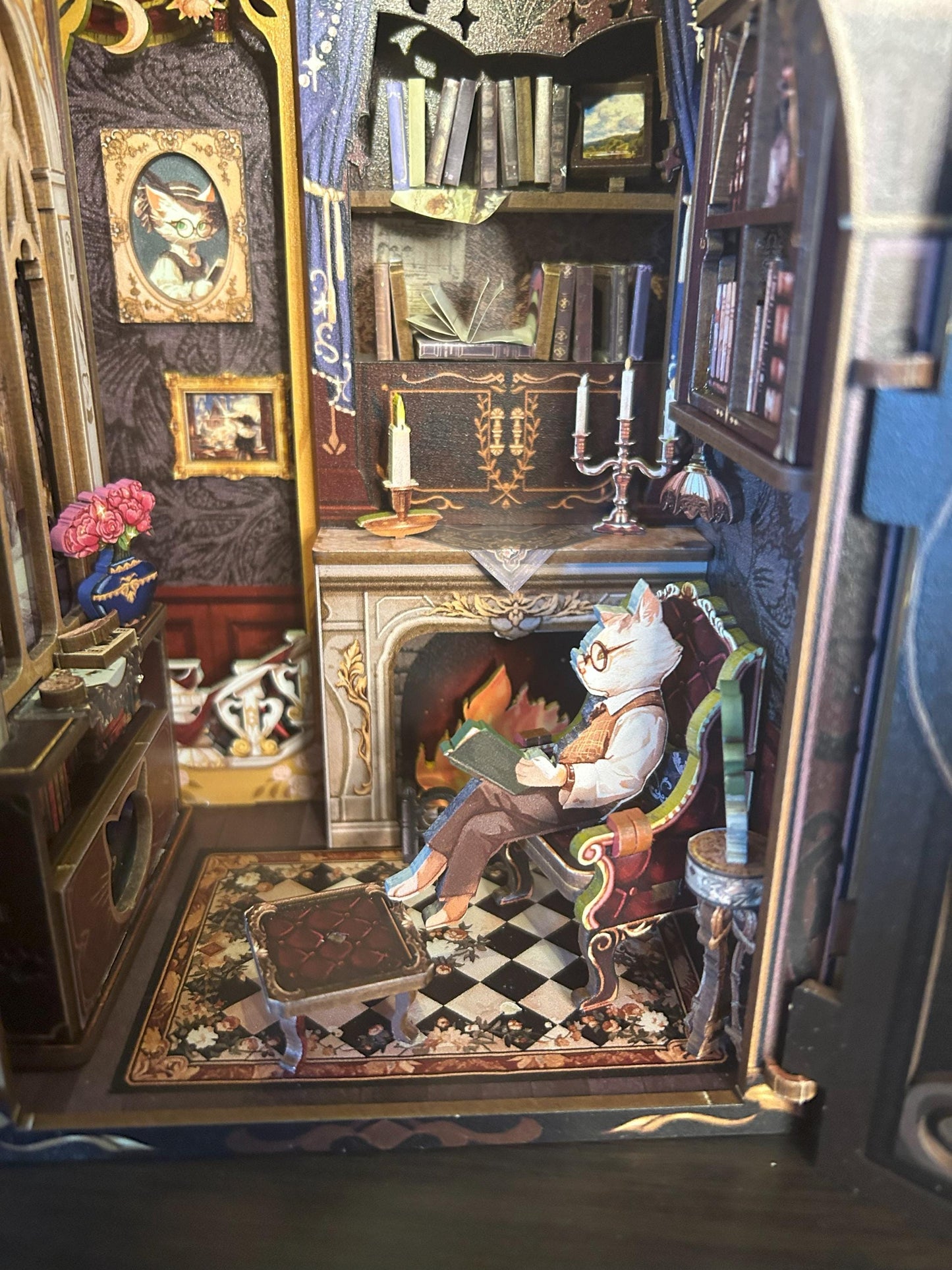 Assembled and Embellished Cat Study Book Nook