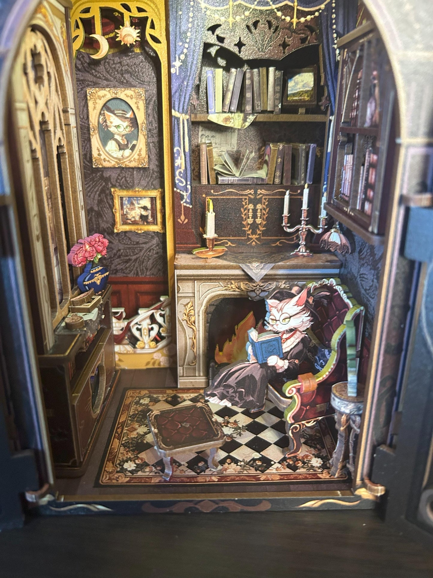 Assembled and Embellished Cat Study Book Nook