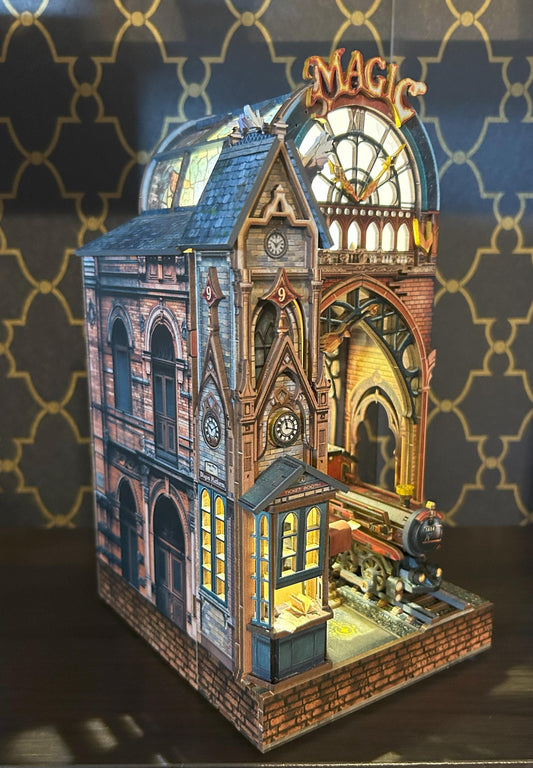 Assembled and Embellished Magic Train Station Book Nook